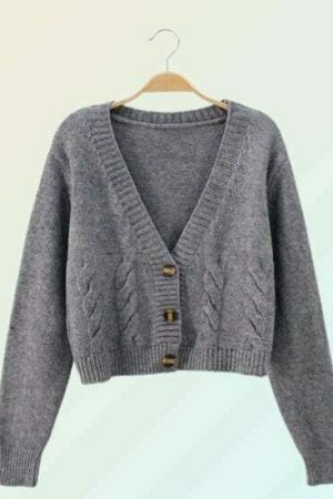 Y2K V-Neck Cropped Knitted Cardigan Grandpa Sweater Loose Fit Button Up Top