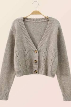 Y2K V-Neck Cropped Knitted Cardigan Grandpa Sweater Loose Fit Button Up Top