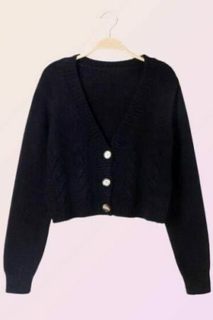 Y2K V-Neck Cropped Knitted Cardigan Grandpa Sweater Loose Fit Button Up Top