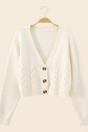 Y2K V-Neck Cropped Knitted Cardigan Grandpa Sweater Loose Fit Button Up Top