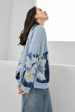 Y2K Van Gogh Embroidered Cardigan - French Style Cashmere Knit Jacket