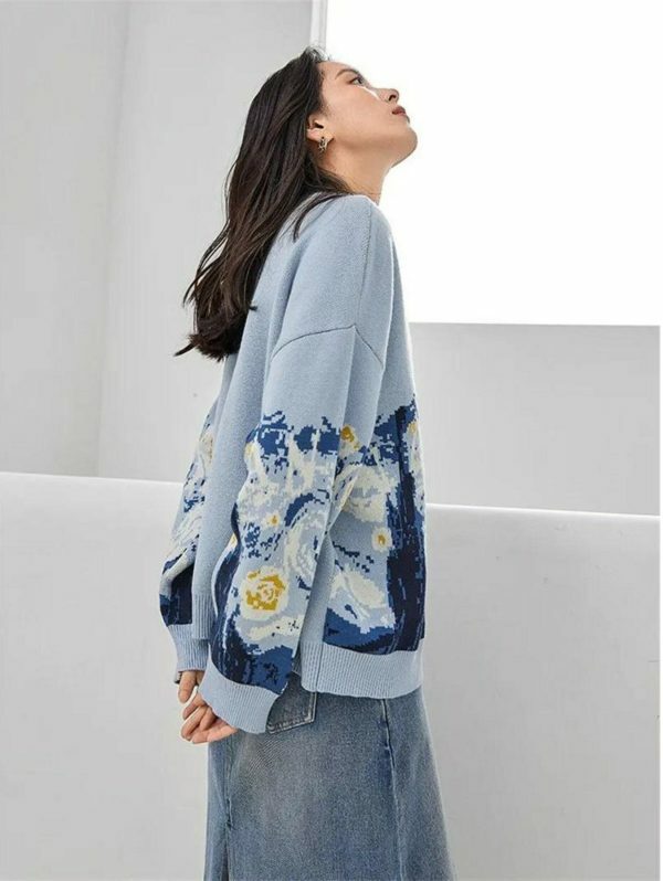 Y2K Van Gogh Embroidered Cardigan - French Style Cashmere Knit Jacket