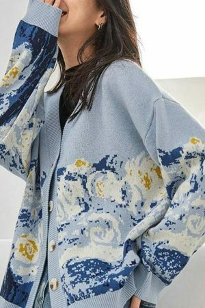 Y2K Van Gogh Embroidered Cardigan - French Style Cashmere Knit Jacket