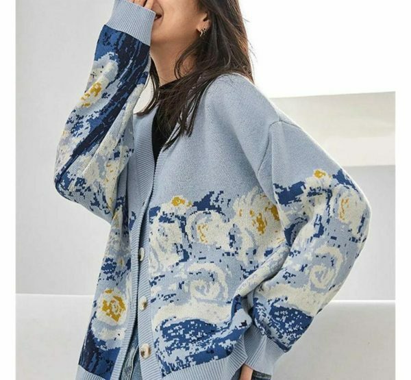 Y2K Van Gogh Embroidered Cardigan - French Style Cashmere Knit Jacket