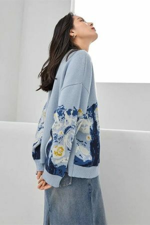 Y2K Van Gogh Embroidered Cardigan - French Style Cashmere Knit Jacket