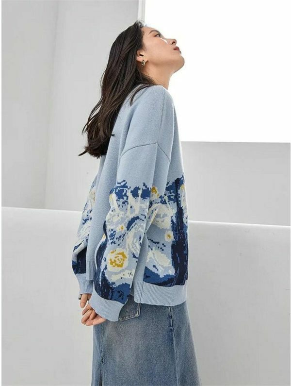 Y2K Van Gogh Embroidered Cardigan - French Style Cashmere Knit Jacket