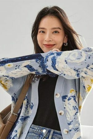 Y2K Van Gogh Embroidered Cardigan - French Style Cashmere Knit Jacket