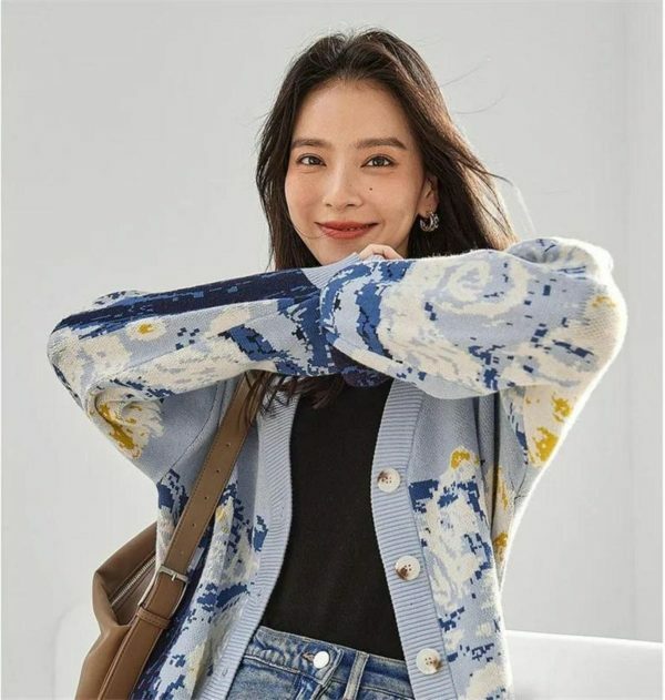 Y2K Van Gogh Embroidered Cardigan - French Style Cashmere Knit Jacket