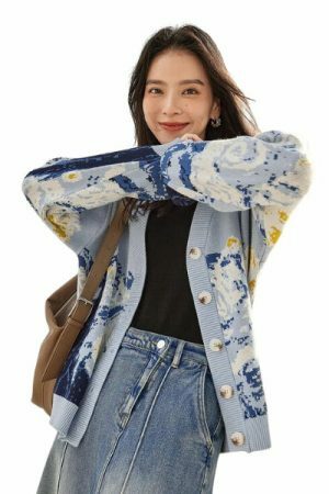 Y2K Van Gogh Knit Cardigan - Oversized V-Neck Sweater