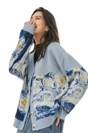 Y2K Van Gogh Knit Cardigan - Oversized V-Neck Sweater