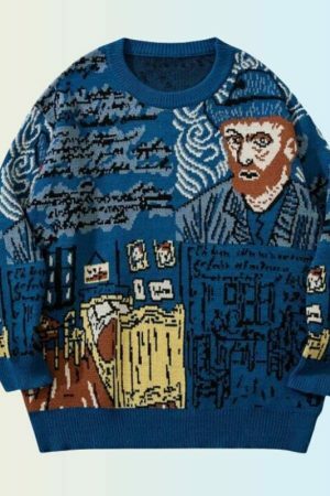 Y2K Van Gogh Painting Sweatshirt - Harajuku Streetwear Chunky Knit Pullover