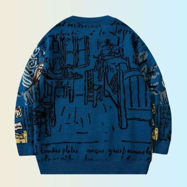 Y2K Van Gogh Painting Sweatshirt - Harajuku Streetwear Chunky Knit Pullover