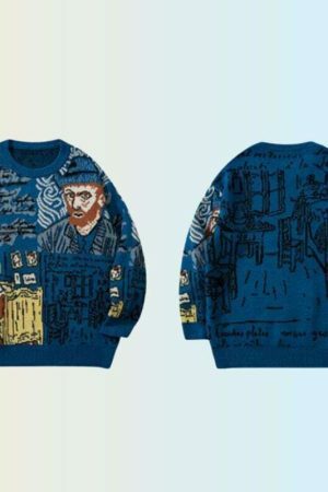 Y2K Van Gogh Painting Sweatshirt - Harajuku Streetwear Chunky Knit Pullover