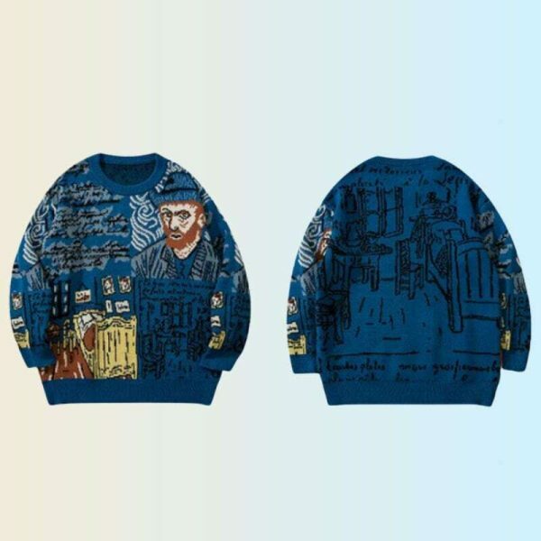 Y2K Van Gogh Painting Sweatshirt - Harajuku Streetwear Chunky Knit Pullover