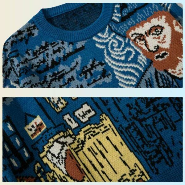 Y2K Van Gogh Painting Sweatshirt - Harajuku Streetwear Chunky Knit Pullover