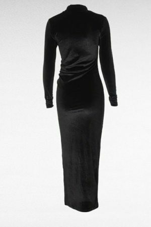 Y2K Velvet Ruched Midi Dress | Streetwear Chic | Autumn Winter Fashion