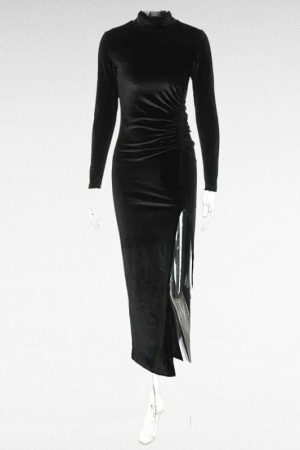 Y2K Velvet Ruched Midi Dress | Streetwear Chic | Autumn Winter Fashion