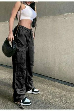 Y2K Vintage Cargo Pants Baggy Jeans Women Fashion Streetwear Wide Leg High Waist Straight Denim Trousers