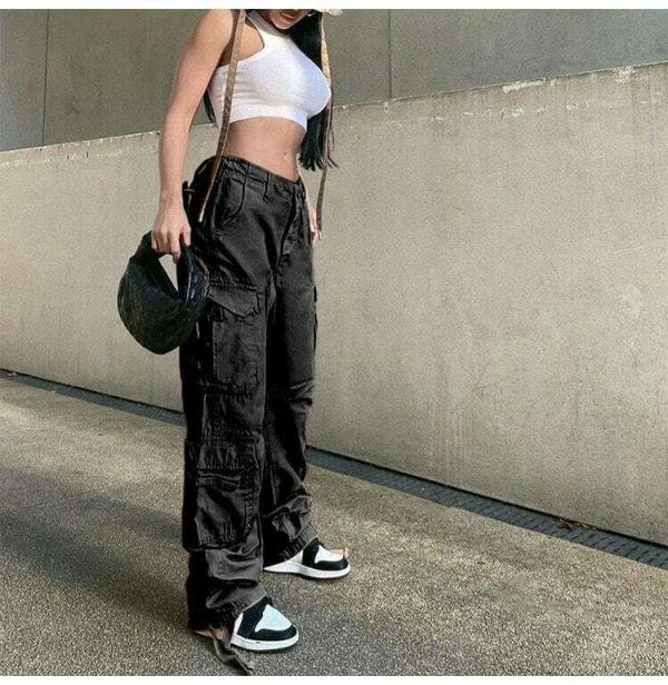 Y2K Vintage Cargo Pants Baggy Jeans Women Fashion Streetwear Wide Leg High Waist Straight Denim Trousers