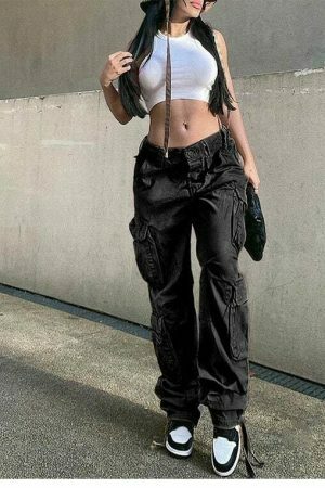 Y2K Vintage Cargo Pants Baggy Jeans Women Fashion Streetwear Wide Leg High Waist Straight Denim Trousers