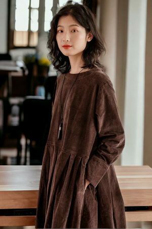 Y2K Vintage Corduroy Midi Dress, Loose Fit Long Sleeve Vest Dress