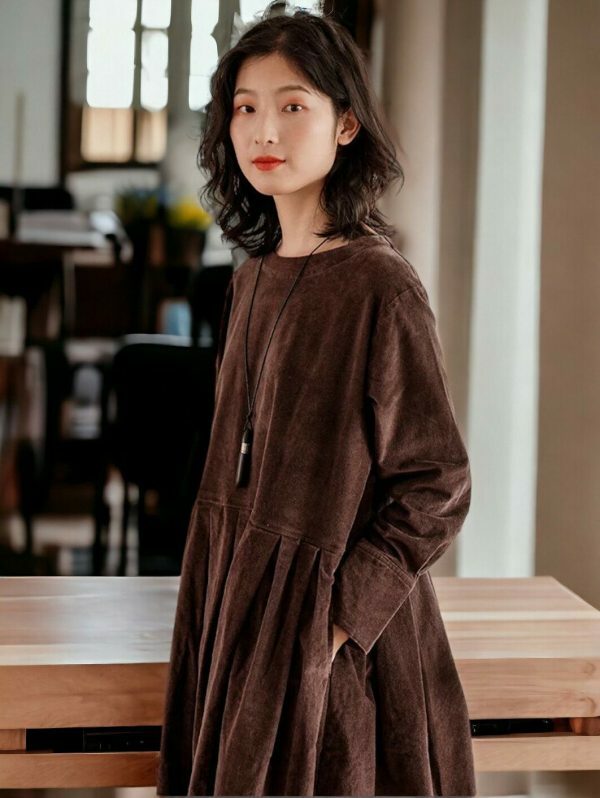 Y2K Vintage Corduroy Midi Dress, Loose Fit Long Sleeve Vest Dress