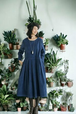 Y2K Vintage Corduroy Midi Dress, Loose Fit Long Sleeve Vest Dress