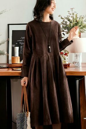 Y2K Vintage Corduroy Midi Dress, Loose Fit Long Sleeve Vest Dress