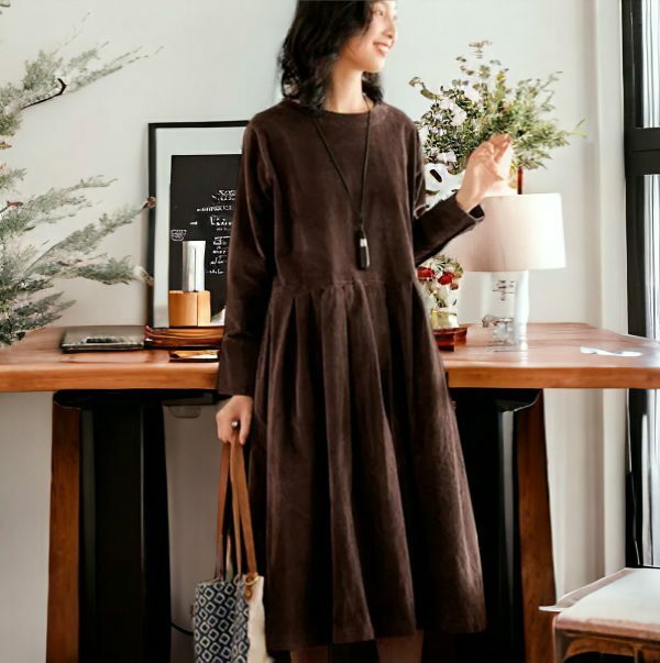 Y2K Vintage Corduroy Midi Dress, Loose Fit Long Sleeve Vest Dress