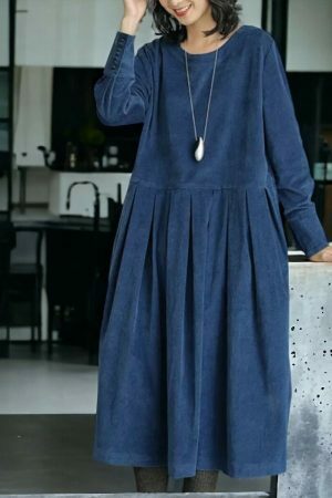 Y2K Vintage Corduroy Midi Dress, Loose Fit Long Sleeve Vest Dress