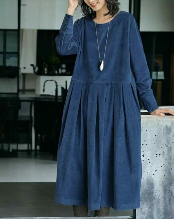 Y2K Vintage Corduroy Midi Dress, Loose Fit Long Sleeve Vest Dress