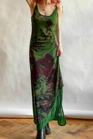 Y2K Vintage Cowl Neck Maxi Dress with Grunge Fairycore Print