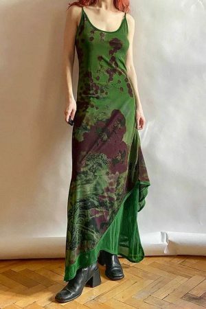 Y2K Vintage Cowl Neck Maxi Dress with Grunge Fairycore Print