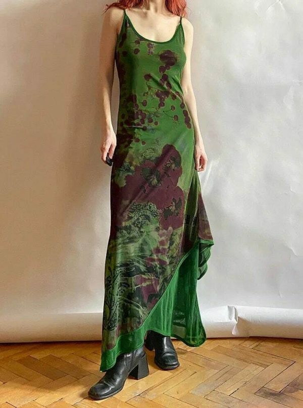 Y2K Vintage Cowl Neck Maxi Dress with Grunge Fairycore Print