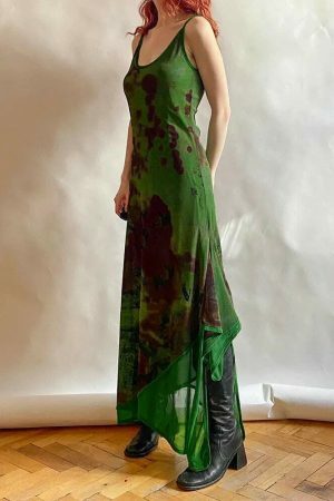 Y2K Vintage Cowl Neck Maxi Dress with Grunge Fairycore Print