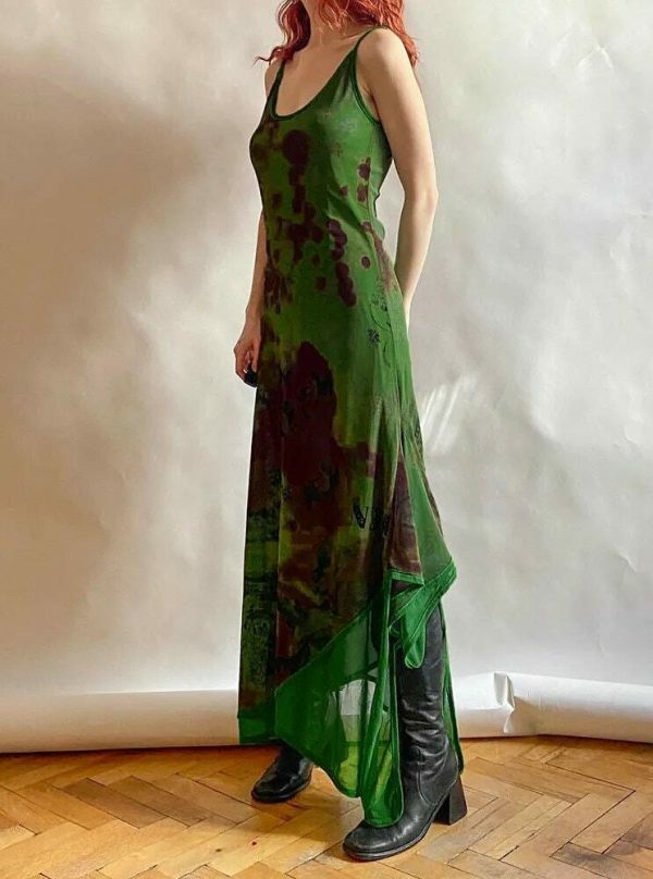 Y2K Vintage Cowl Neck Maxi Dress with Grunge Fairycore Print