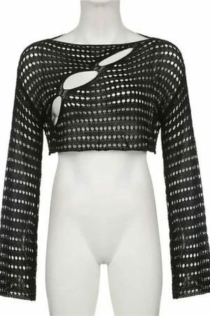 Y2K Vintage Crochet Sheer Sweater Crop Top - Streetwear Aesthetic