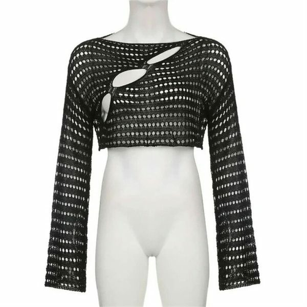 Y2K Vintage Crochet Sheer Sweater Crop Top - Streetwear Aesthetic