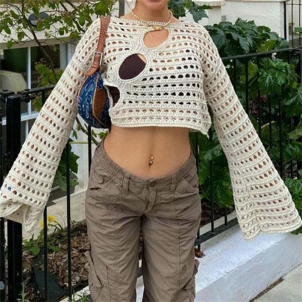 Y2K Vintage Crochet Sheer Sweater Crop Top - Streetwear Aesthetic