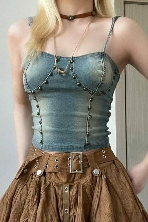 Y2K Vintage Denim Camis Bandage Tie Dye Crop Bustier