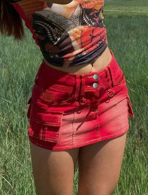 Y2K Vintage Denim Mini Skirt with Pockets - Low Waist Streetwear Aesthetic