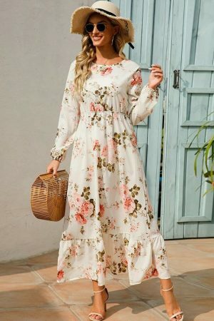 Y2K Vintage Floral Chiffon Maxi Dress for Women