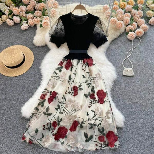 Y2K Vintage Floral Mesh Milkmaid Dress for Women