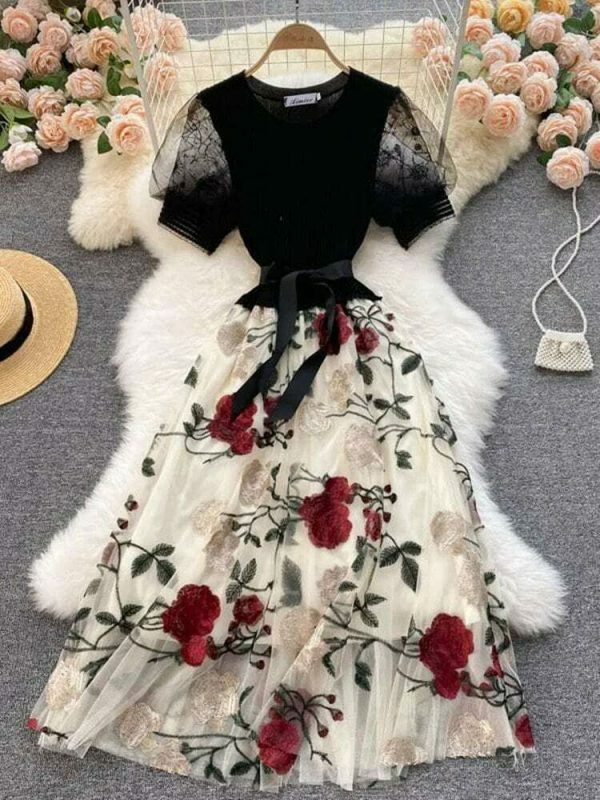 Y2K Vintage Floral Mesh Milkmaid Dress for Women