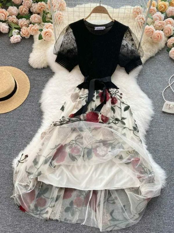 Y2K Vintage Floral Mesh Milkmaid Dress for Women