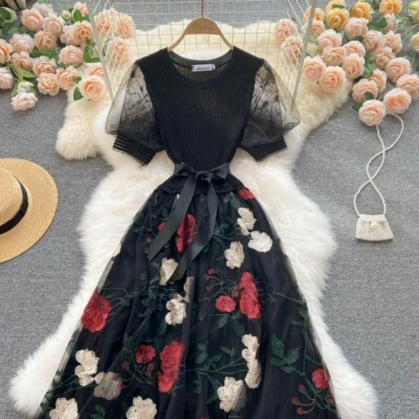 Y2K Vintage Floral Mesh Milkmaid Dress for Women