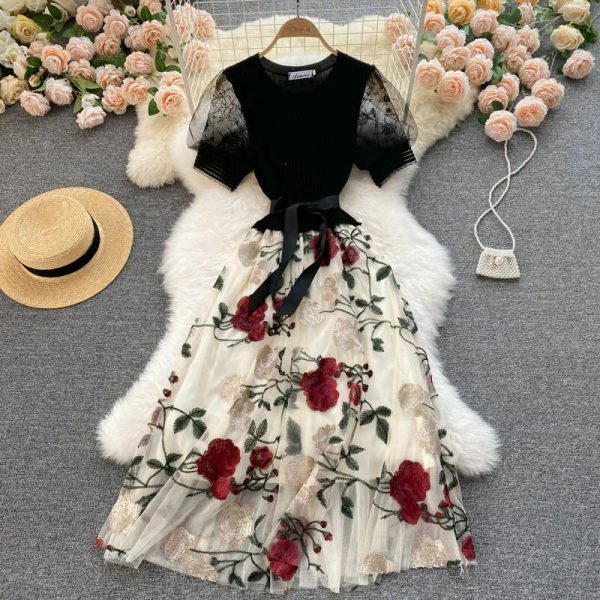 Y2K Vintage Floral Mesh Milkmaid Dress for Women