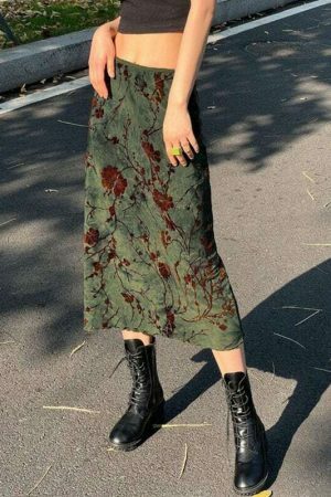 Y2K Vintage Green Floral Print Long Skirt for Women - Streetwear Grunge Fashion Gothic Aesthetic