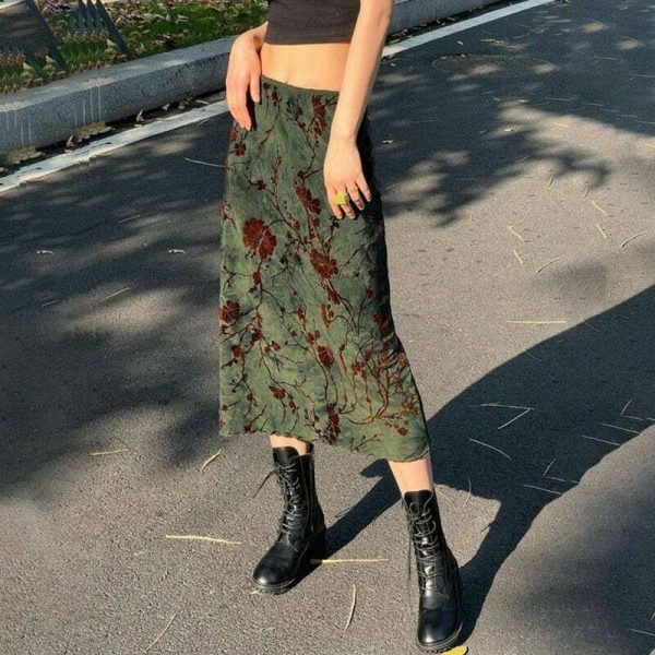 Y2K Vintage Green Floral Print Long Skirt for Women - Streetwear Grunge Fashion Gothic Aesthetic