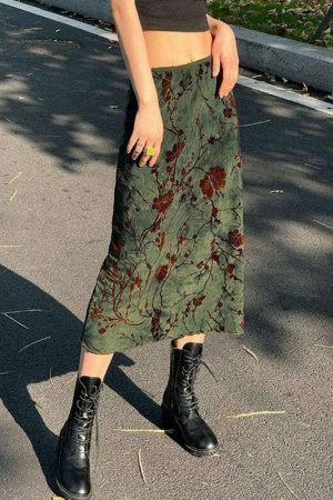 Y2K Vintage Green Floral Print Long Skirt for Women - Streetwear Grunge Fashion Gothic Aesthetic